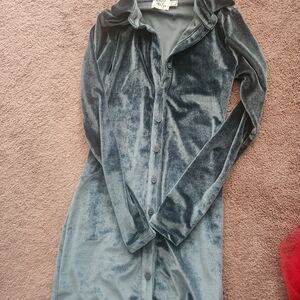 Princess Polly Velvet Button-Up Shirt Jacket in A Blue Green Velvet 4